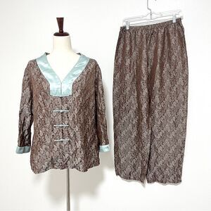 Vintage Chandler Ladies 2 Piece Pajama Set XL L Paisley Damask Cocoa Brown Aqua